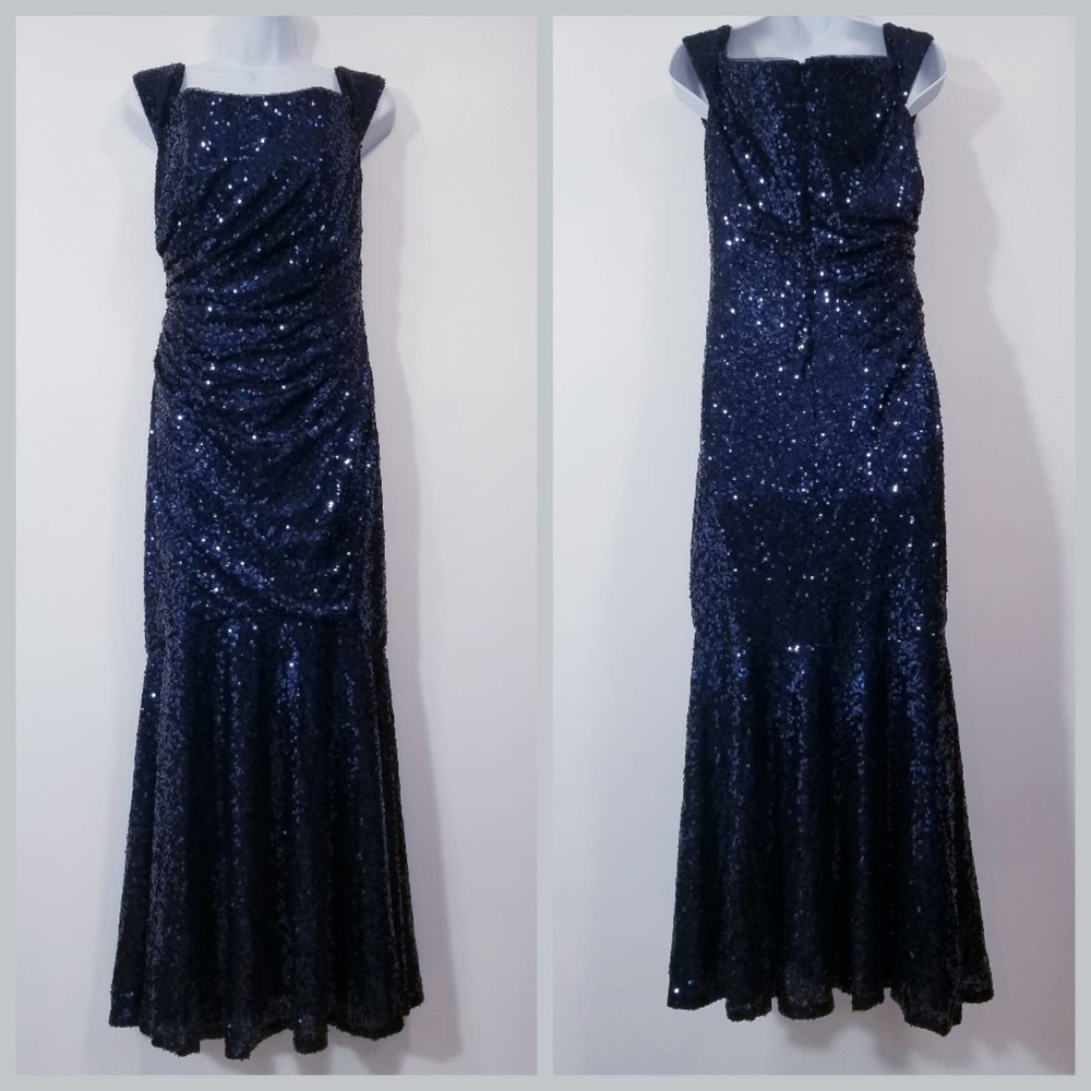 Badgley Mischka Blue Off Shoulders Sequins Evening Long Gown